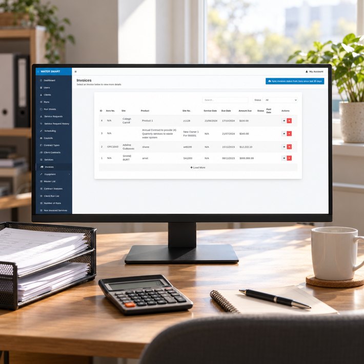 Water Smart invoices list on a bookkeeper's monitor