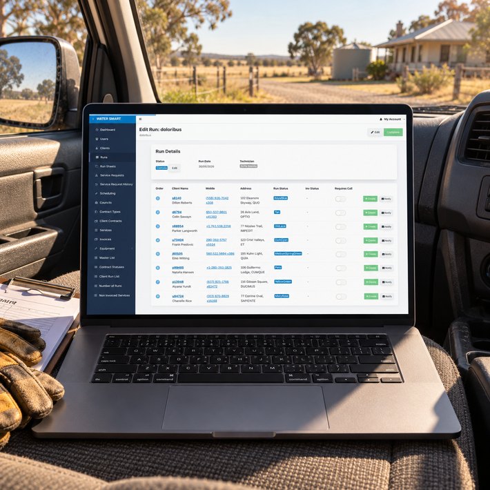 Water Smart run screen on a laptop in the cab of a service ute