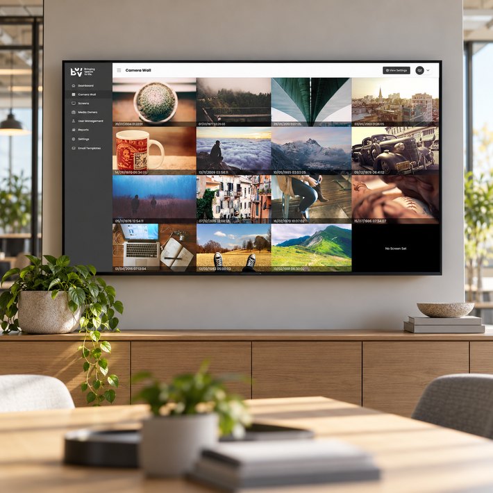 Big Screen Video camera wall on a TV mounted on an office wall