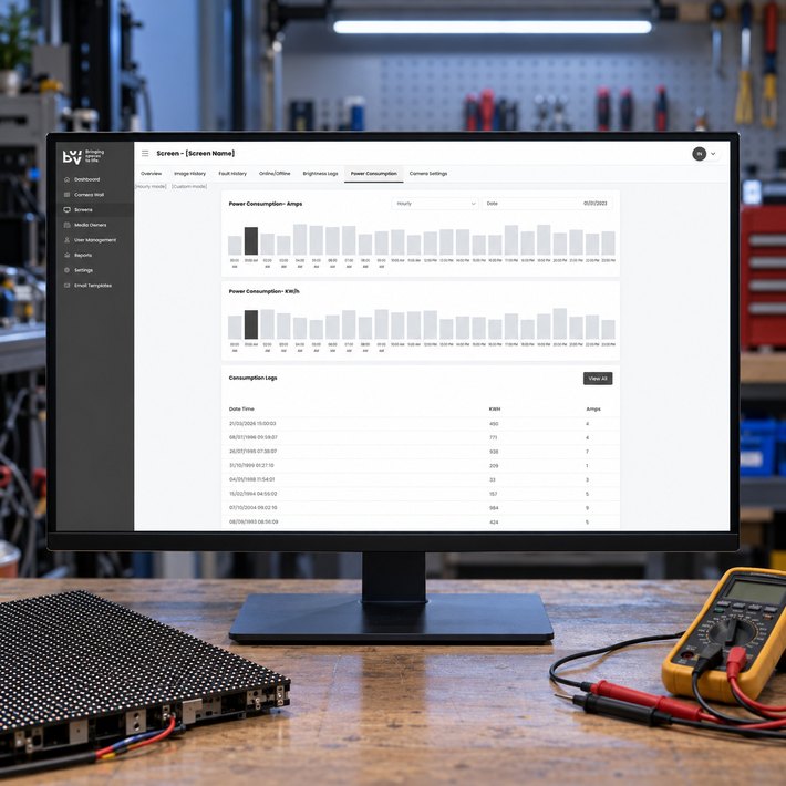Big Screen Video power consumption log on a technician's monitor in the workshop