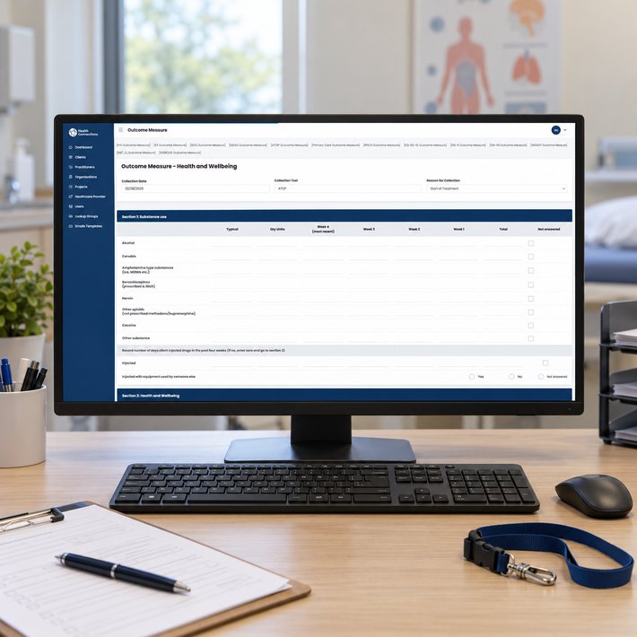 Country SA PHN ATOP outcome measure form on a clinician's monitor at an alcohol and other drugs service