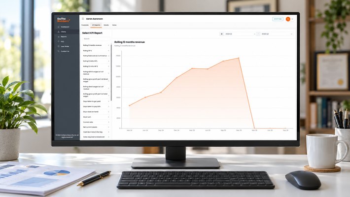 Do the Numbers rolling 12 month revenue chart on a monitor in an accounting practice