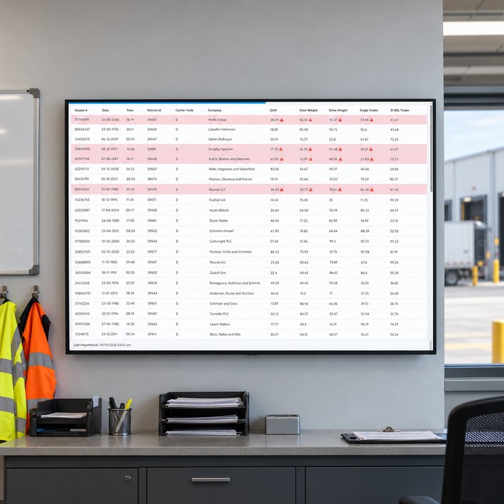 Live weighbridge docket list with flagged overloads on a wall screen in the transport office