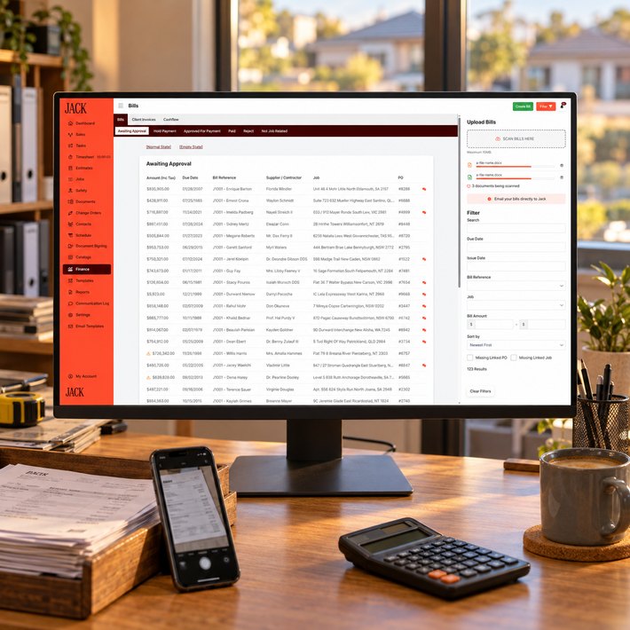 JACK bills awaiting approval with scanned invoices on an accounts desk