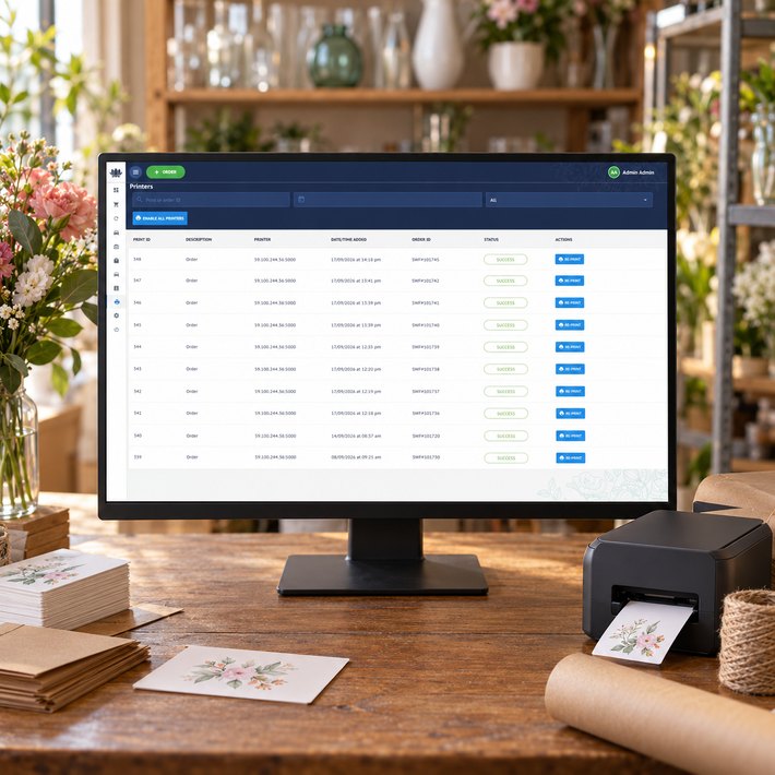Say It With Flowers print queue on a monitor beside a card printer, envelopes and gift tags