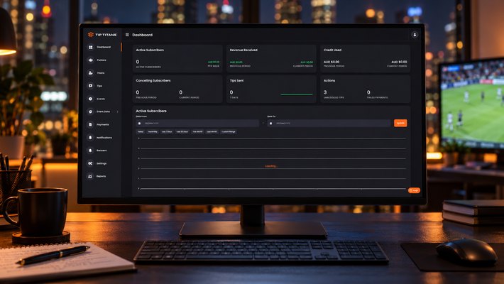 Tip Titans admin dashboard on a monitor in a sports analytics office at night