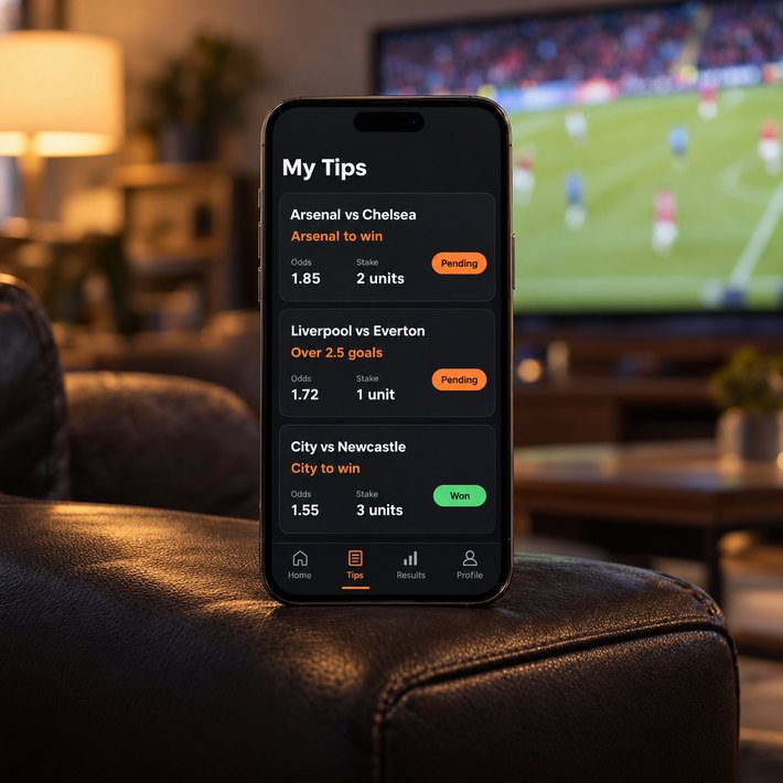 Tip Titans tips on a phone in a living room with a match on the TV