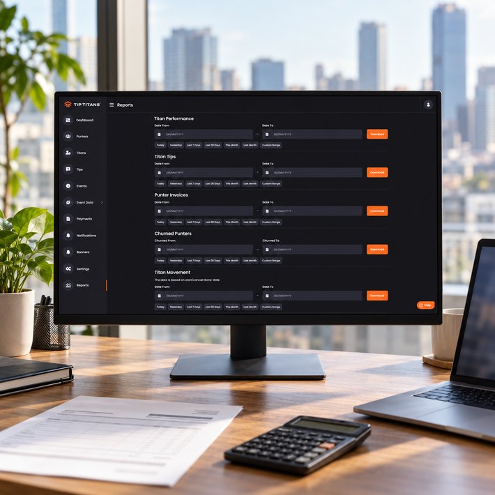 Tip Titans reports screen on a monitor at a startup finance desk