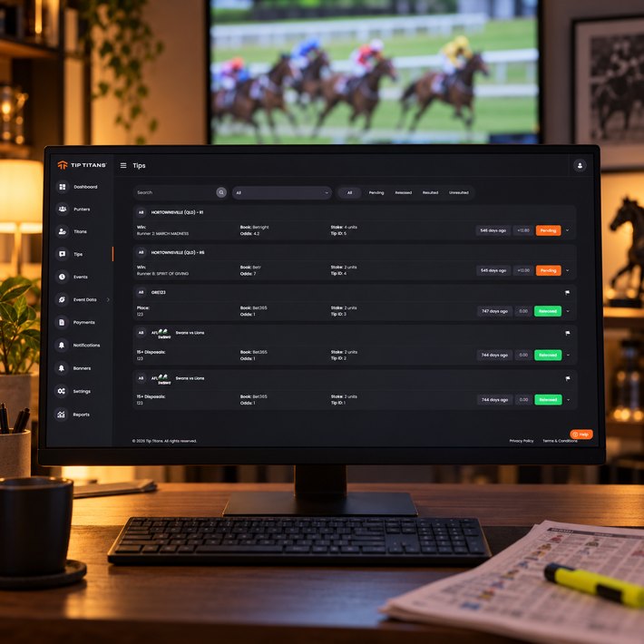 Tip Titans tip feed on an analyst's monitor with a race on the TV behind