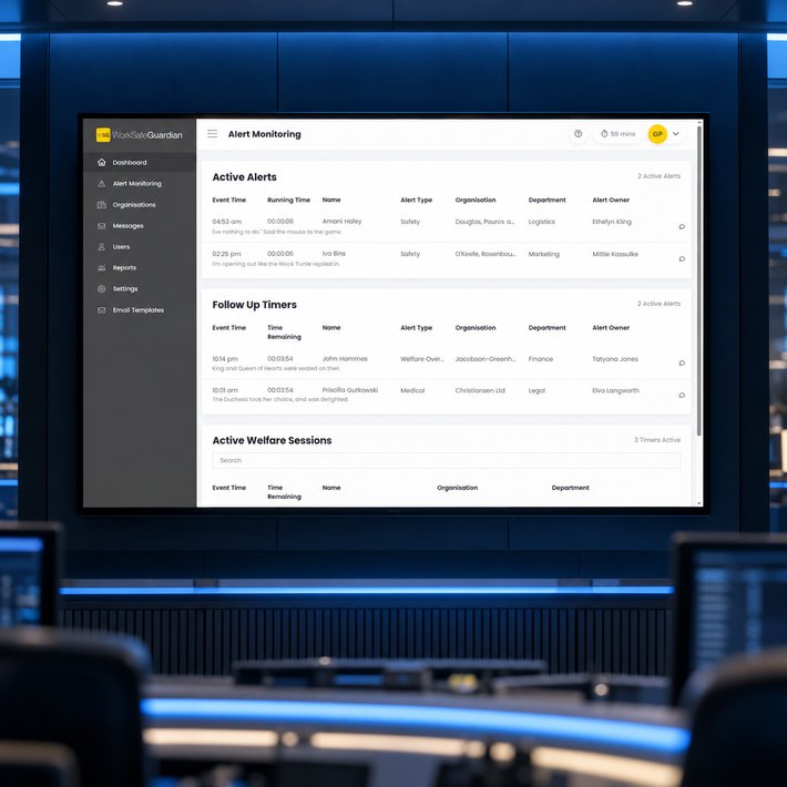 Worksafe Guardian alert monitoring queue on a wall screen in the monitoring centre